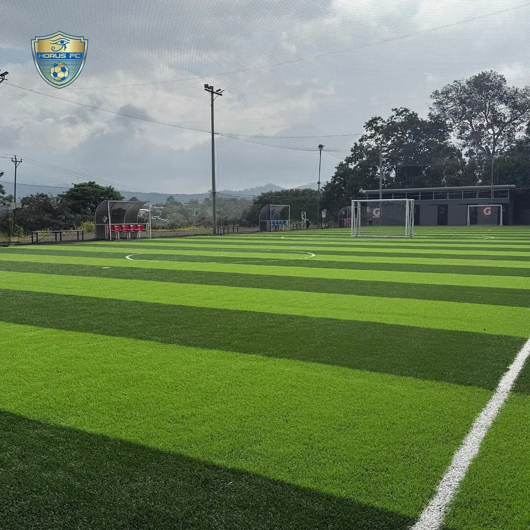 Cancha de fútbol 5 con césped sintético y líneas de juego impecables.